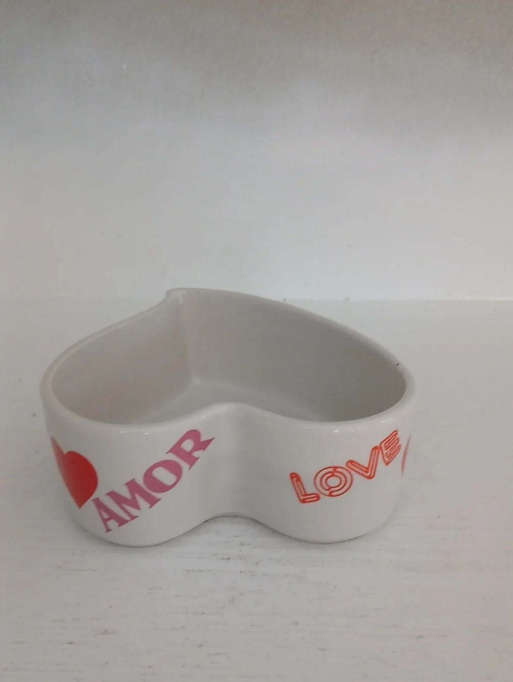 Love & Amor Heart Ceramic Trinket Dish - White with Red/Pink Accents